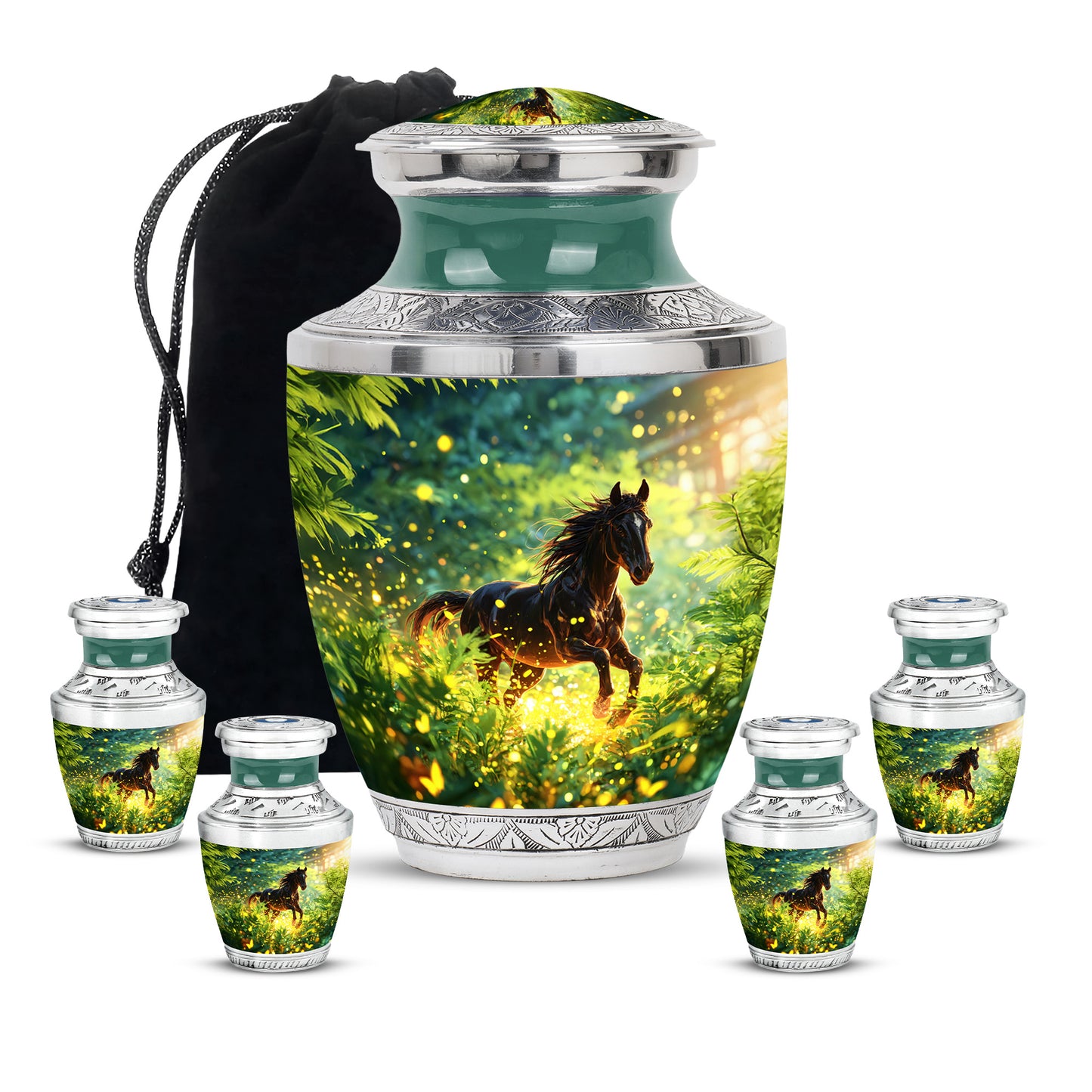 Mystic Teal Horse Cremation Urn lifestyle display on memorial shelf - stylized abstract horse pattern with bold lines - memorial set with one large and four small urns