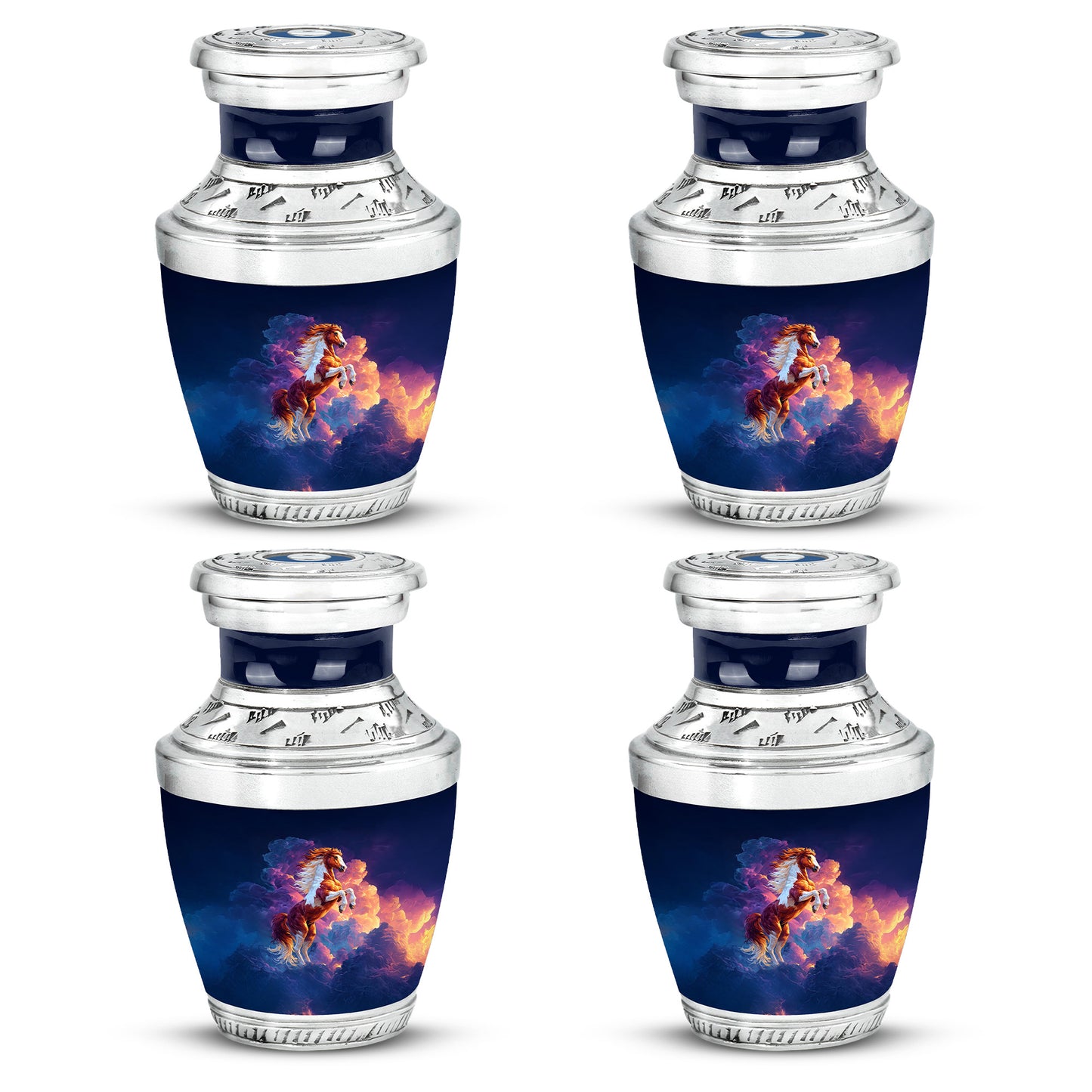 Celestial Blue Horse Cremation Urn back view with polished surface - contemporary horse design with modern artistic flair - 10 inch aluminum urn for cremated remains