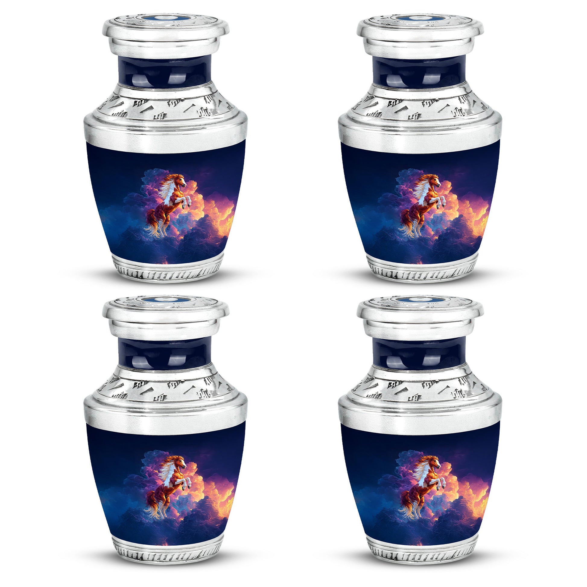 Celestial Blue Horse Cremation Urn back view with polished surface - contemporary horse design with modern artistic flair - 10 inch aluminum urn for cremated remains