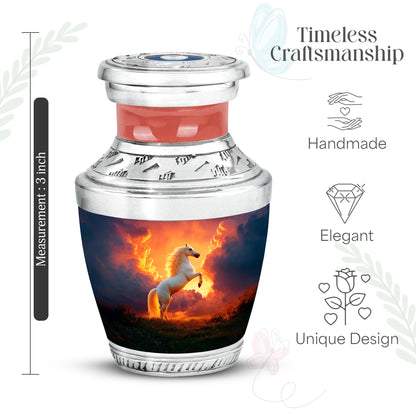 Burgundy Red Horse Cremation Urn top-down view of secure threaded lid - modern art-inspired horse motif on sleek aluminum - mini keepsake memorial for portion of cremation ashes