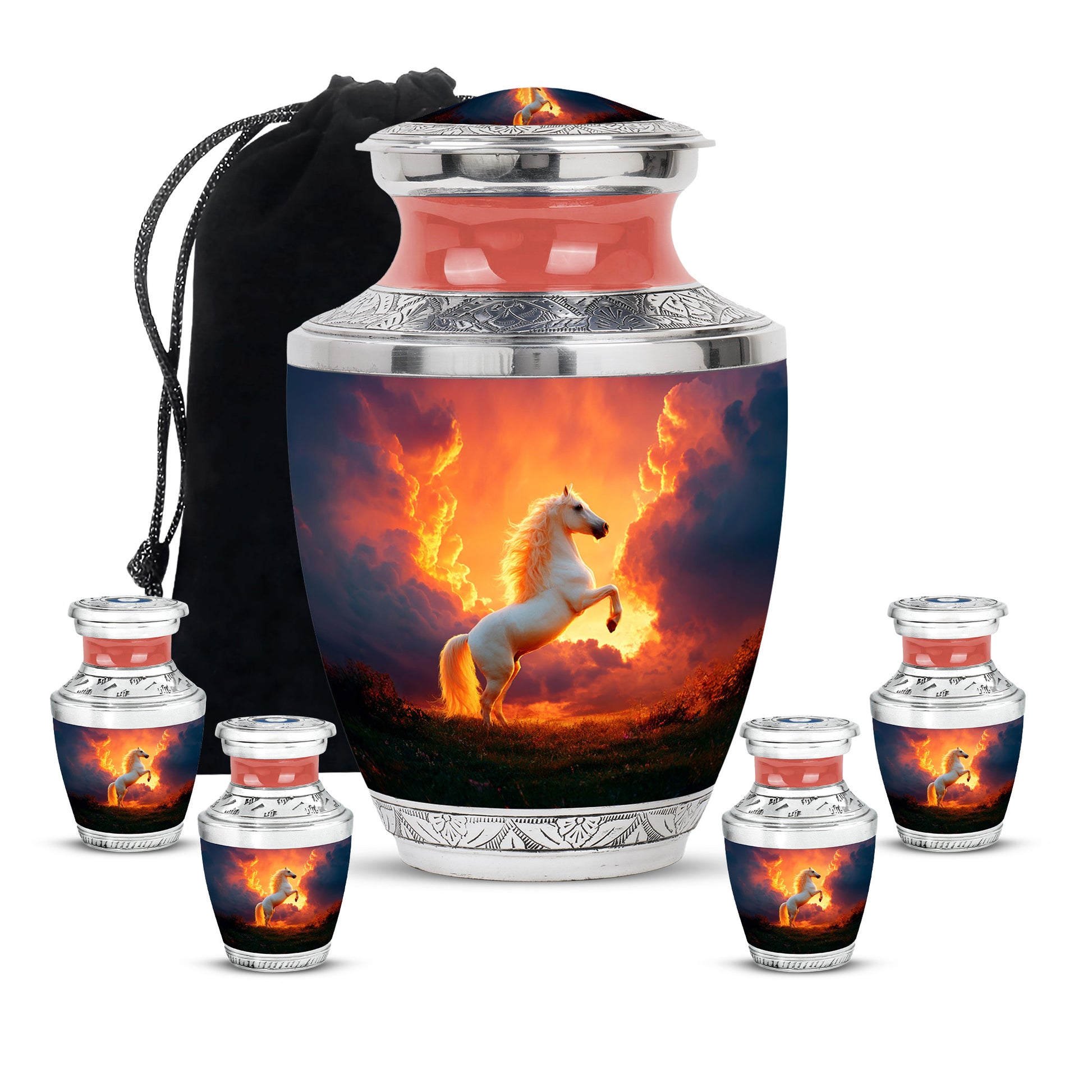 Cherry Red Horse Cremation Urn lifestyle display on memorial shelf - stylized abstract horse pattern with bold lines - memorial set with one large and four small urns