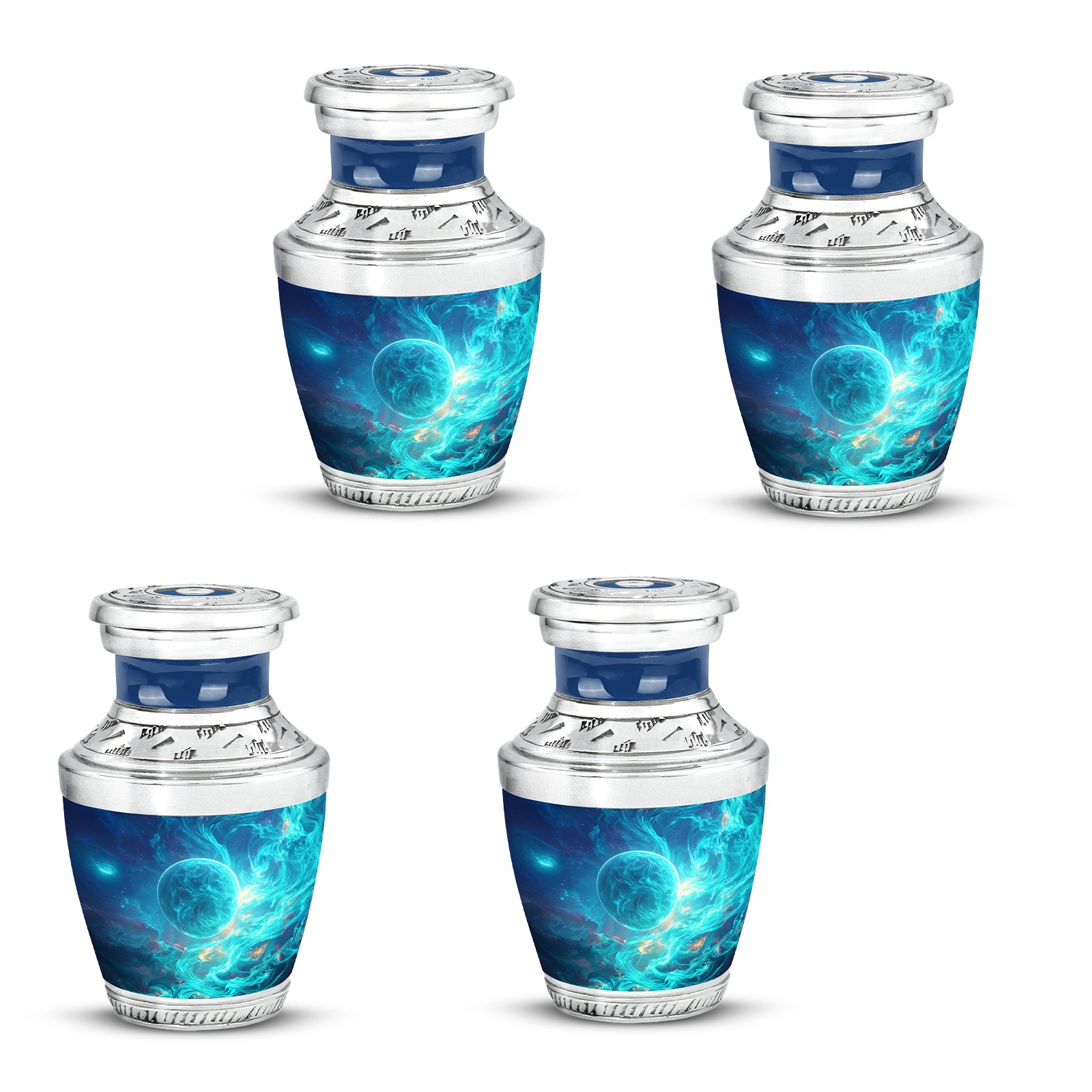 Misty Blue Galaxy Cremation Urn back view with polished surface - modern art-inspired galaxy motif on sleek aluminum - 10 inch aluminum urn for cremated remains