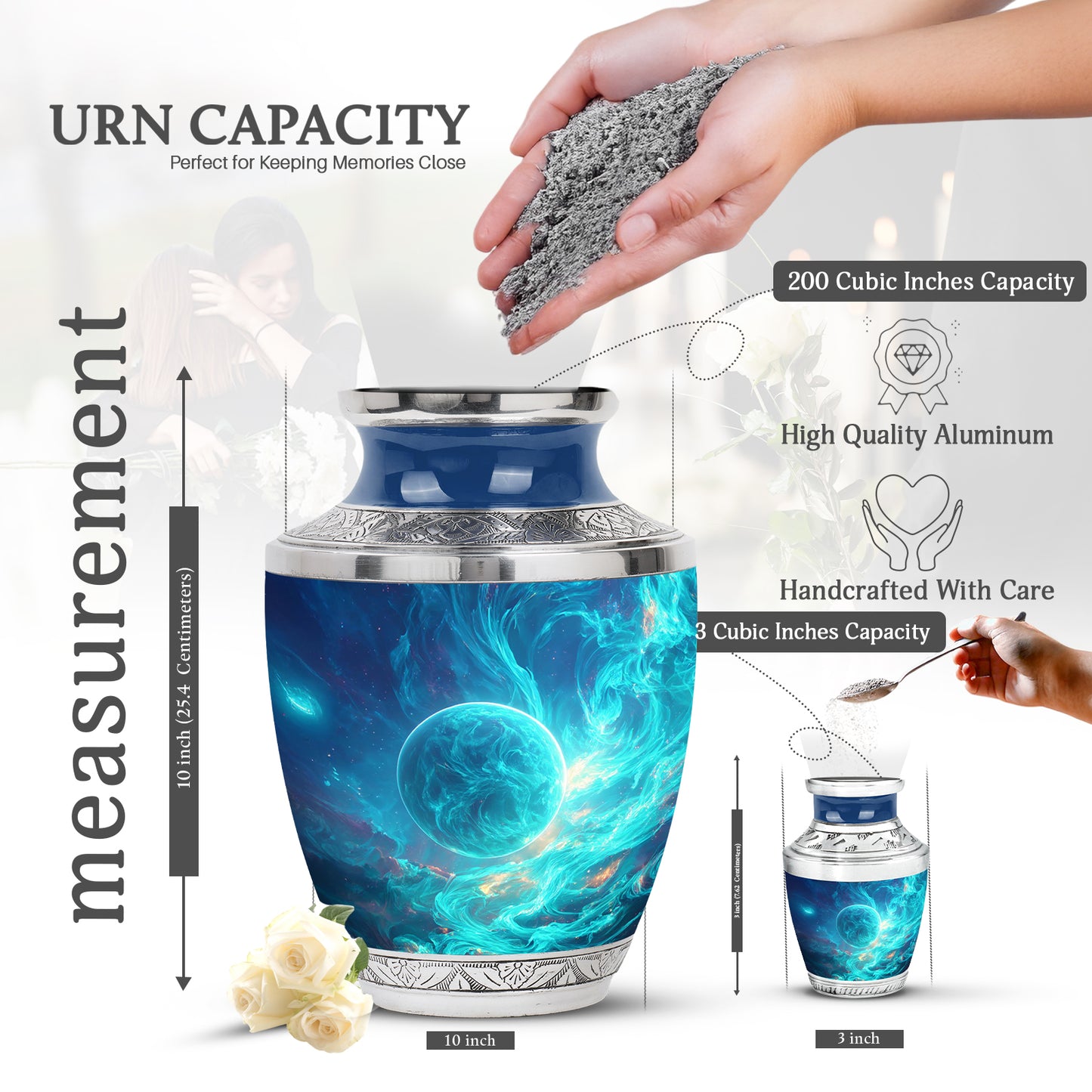 Cornflower Blue Galaxy Cremation Urn top-down view of secure threaded lid - artistic galaxy interpretation with creative detail - mini keepsake memorial for portion of cremation ashes