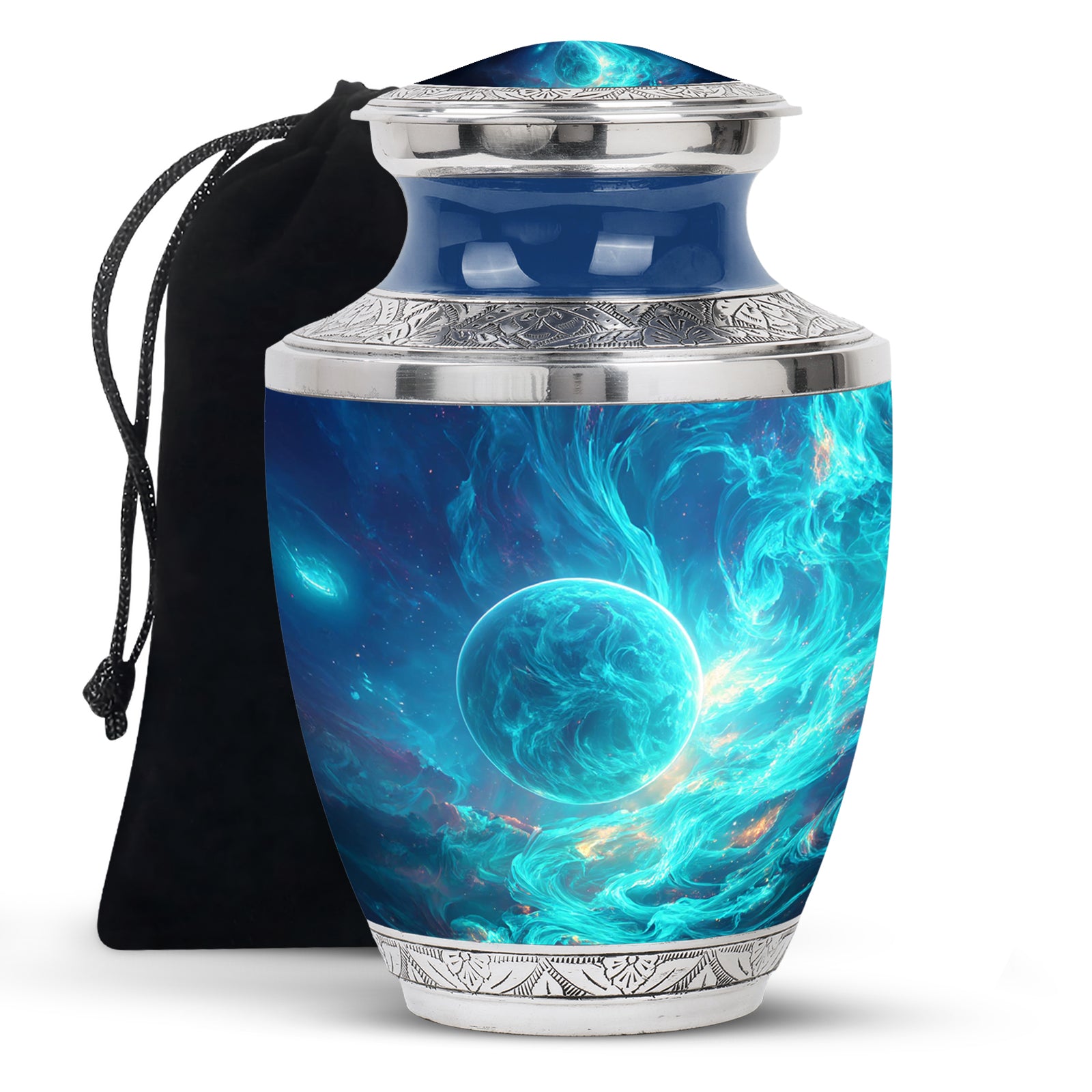 Powder Blue Galaxy Cremation Urn side profile showing urn shape - contemporary galaxy design with modern artistic flair - full-size 10 inch 200 cubic inch adult cremation urn