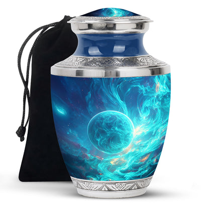 Powder Blue Galaxy Cremation Urn side profile showing urn shape - contemporary galaxy design with modern artistic flair - full-size 10 inch 200 cubic inch adult cremation urn