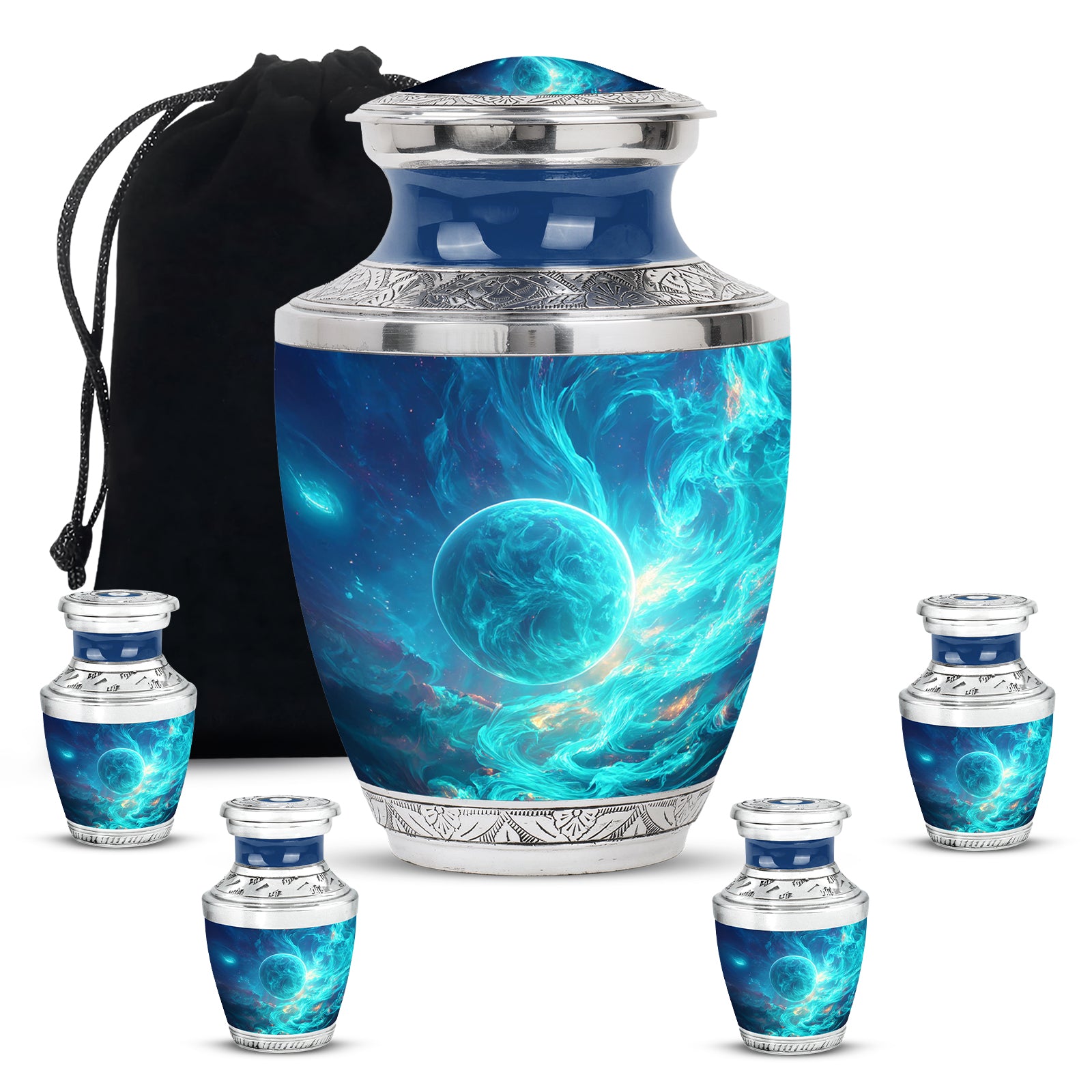 Navy Blue Galaxy Cremation Urn lifestyle display on memorial shelf - modern art-inspired galaxy motif on sleek aluminum - memorial set with one large and four small urns