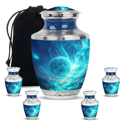 Navy Blue Galaxy Cremation Urn lifestyle display on memorial shelf - modern art-inspired galaxy motif on sleek aluminum - memorial set with one large and four small urns