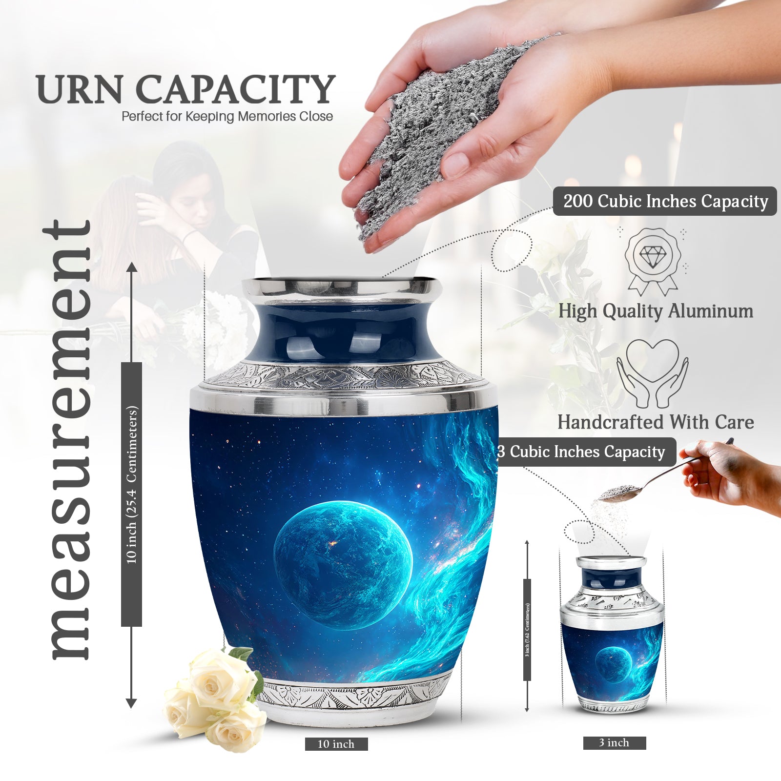 Pastel Blue Galaxy Cremation Urn top-down view of secure threaded lid - contemporary galaxy design with modern artistic flair - mini keepsake memorial for portion of cremation ashes