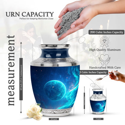 Pastel Blue Galaxy Cremation Urn top-down view of secure threaded lid - contemporary galaxy design with modern artistic flair - mini keepsake memorial for portion of cremation ashes