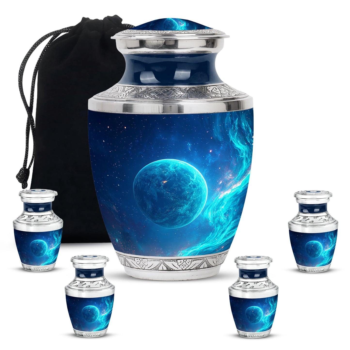Serene Blue Galaxy Cremation Urn lifestyle display on memorial shelf - stylized abstract galaxy pattern with bold lines - memorial set with one large and four small urns
