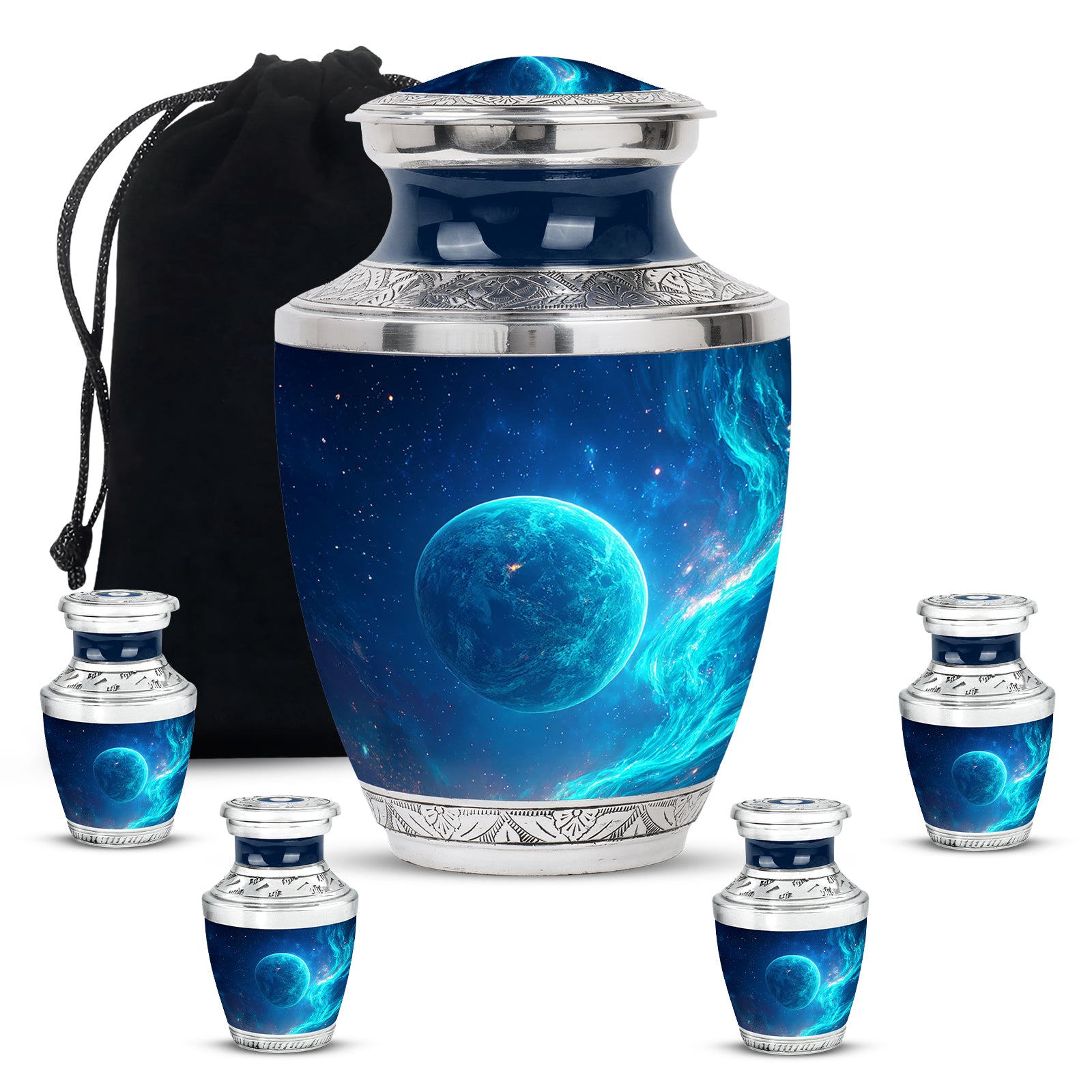 Serene Blue Galaxy Cremation Urn lifestyle display on memorial shelf - stylized abstract galaxy pattern with bold lines - memorial set with one large and four small urns