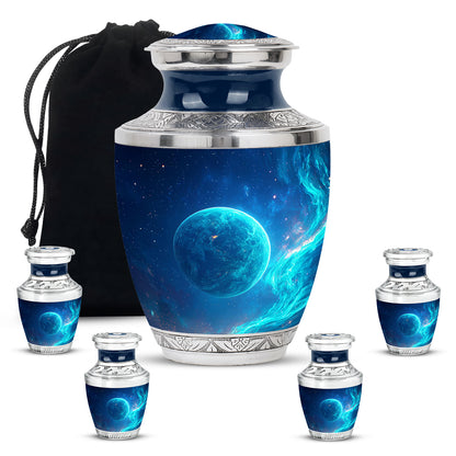 Serene Blue Galaxy Cremation Urn lifestyle display on memorial shelf - stylized abstract galaxy pattern with bold lines - memorial set with one large and four small urns