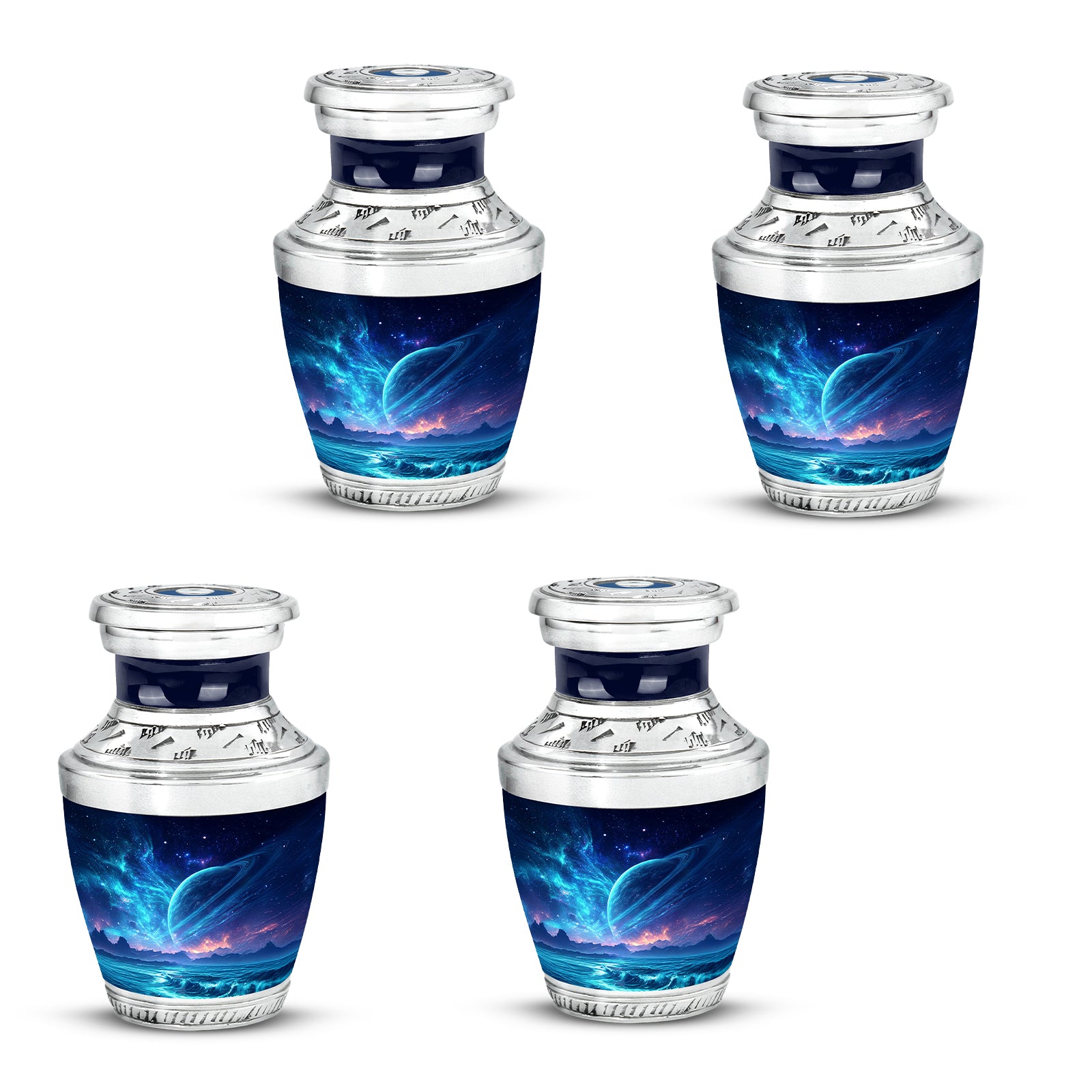 Dusty Blue Galaxy Cremation Urn back view with polished surface - contemporary galaxy design with modern artistic flair - 10 inch aluminum urn for cremated remains