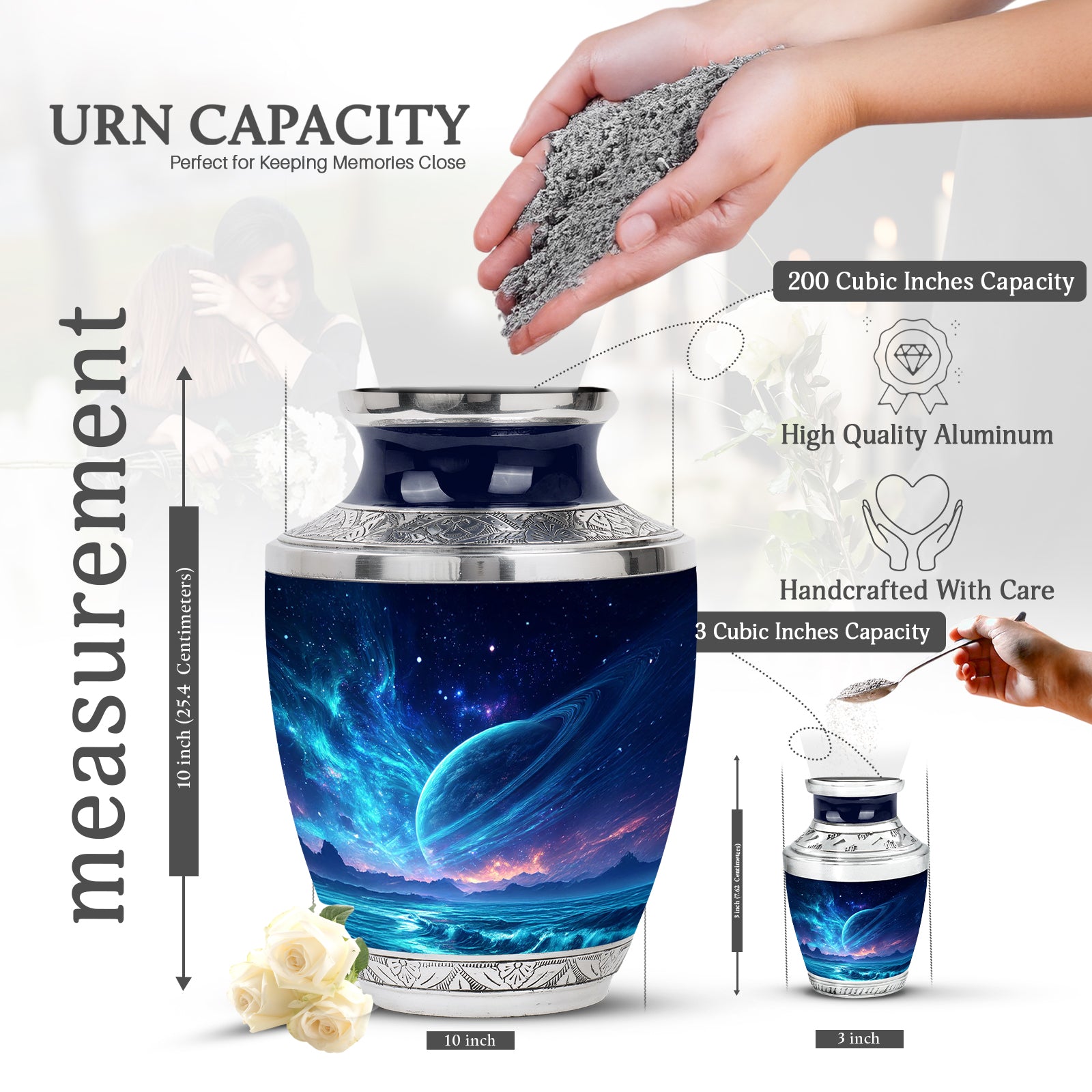 Bright Blue Galaxy Cremation Urn top-down view of secure threaded lid - artistic galaxy interpretation with creative detail - mini keepsake memorial for portion of cremation ashes