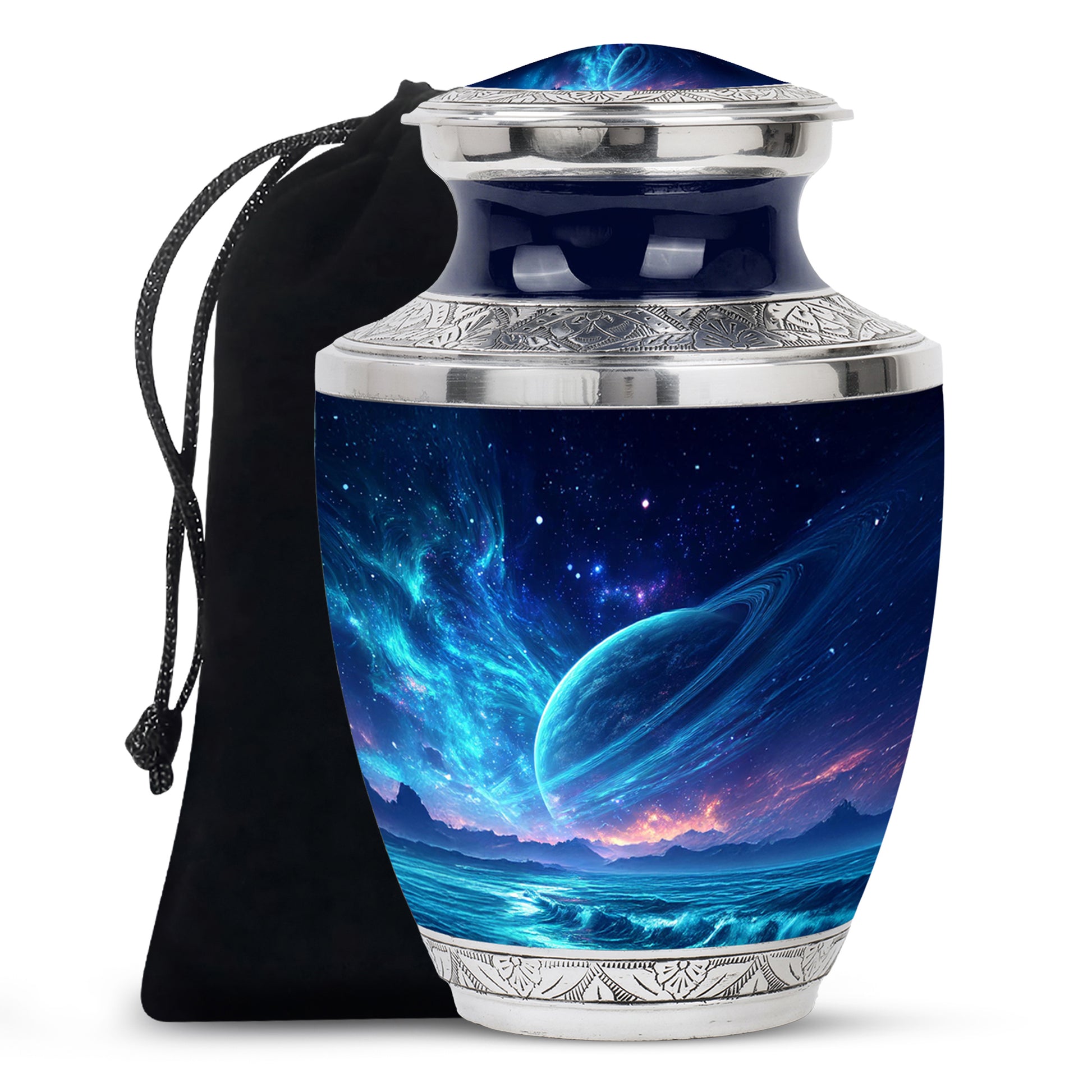 Royal Blue Galaxy Cremation Urn side profile showing urn shape - stylized abstract galaxy pattern with bold lines - full-size 10 inch 200 cubic inch adult cremation urn