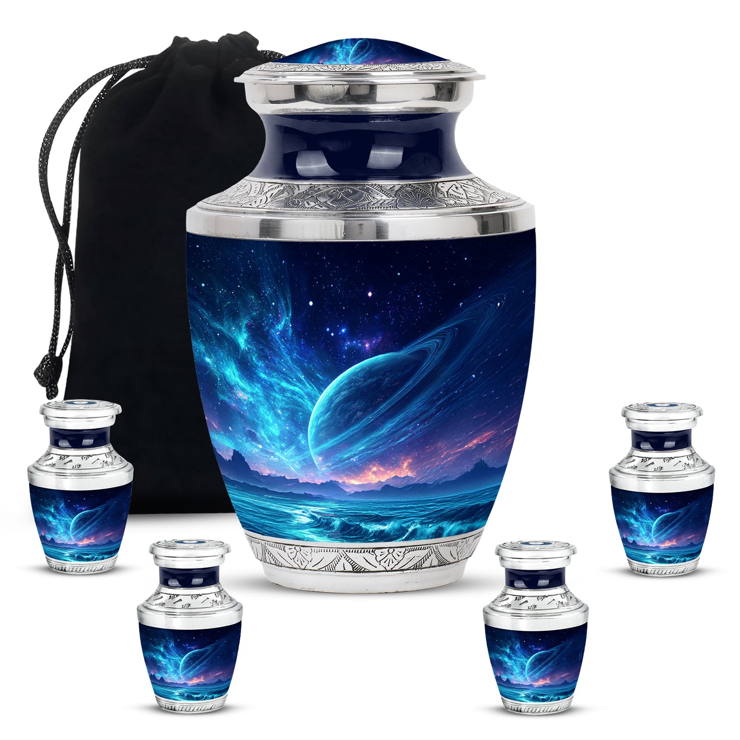 Sapphire Blue Galaxy Cremation Urn lifestyle display on memorial shelf - stylized abstract galaxy pattern with bold lines - memorial set with one large and four small urns