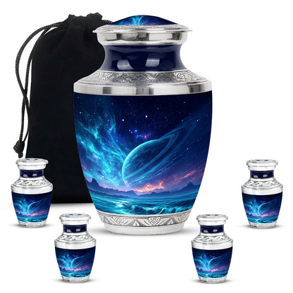 Sapphire Blue Galaxy Cremation Urn lifestyle display on memorial shelf - stylized abstract galaxy pattern with bold lines - memorial set with one large and four small urns