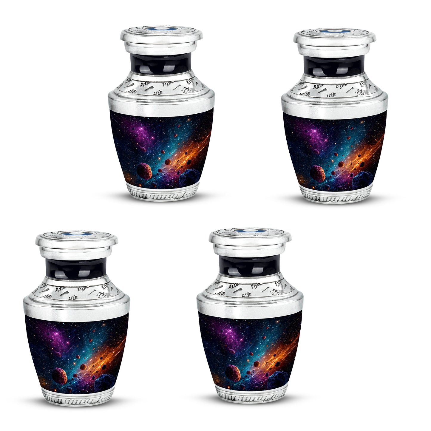 Pastel Blue Galaxy Cremation Urn back view with polished surface - modern art-inspired galaxy motif on sleek aluminum - 10 inch aluminum urn for cremated remains