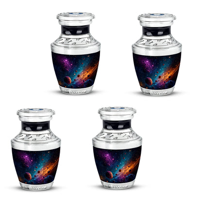 Pastel Blue Galaxy Cremation Urn back view with polished surface - modern art-inspired galaxy motif on sleek aluminum - 10 inch aluminum urn for cremated remains