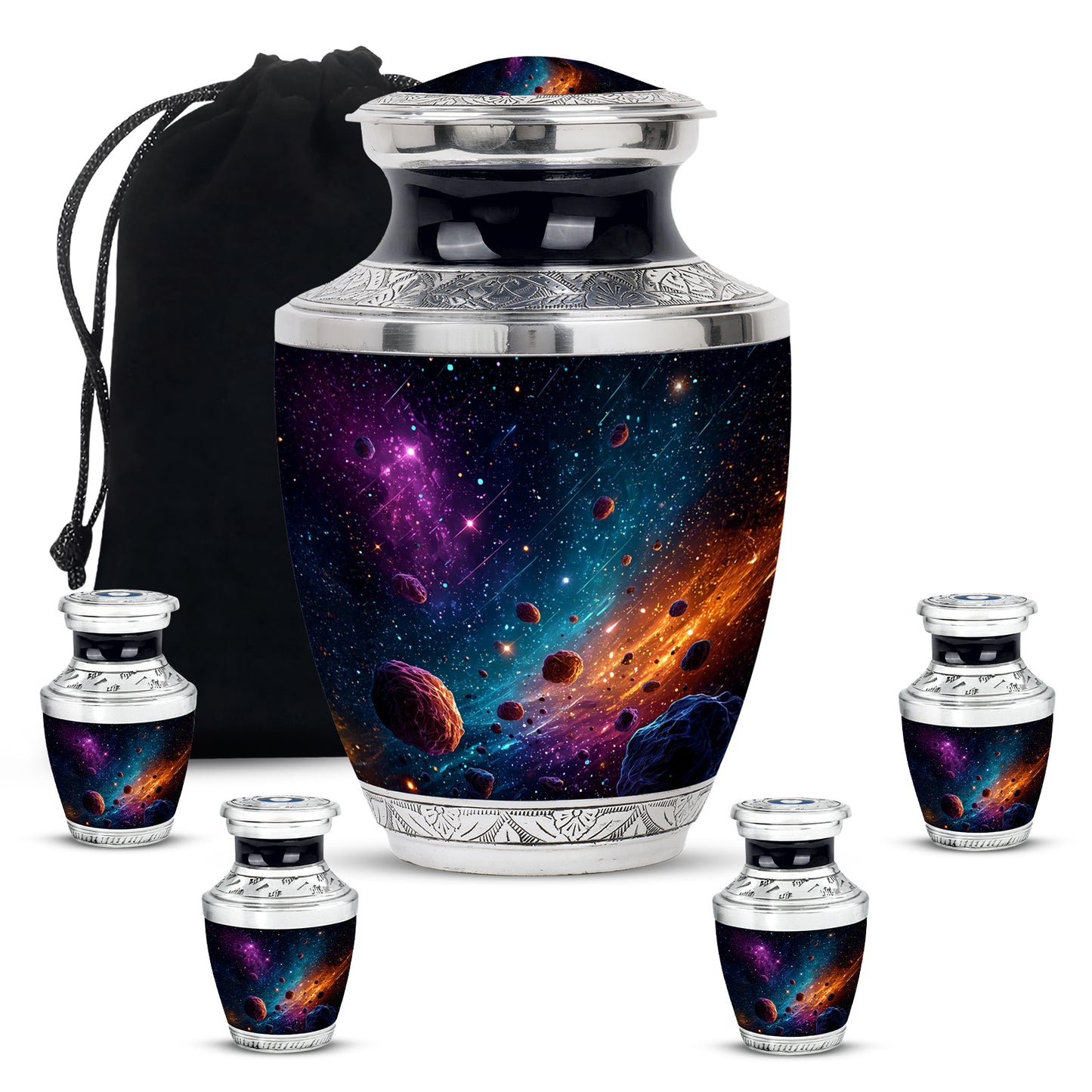 Cobalt Blue Galaxy Cremation Urn lifestyle display on memorial shelf - stylized abstract galaxy pattern with bold lines - memorial set with one large and four small urns