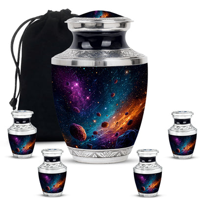 Cobalt Blue Galaxy Cremation Urn lifestyle display on memorial shelf - stylized abstract galaxy pattern with bold lines - memorial set with one large and four small urns