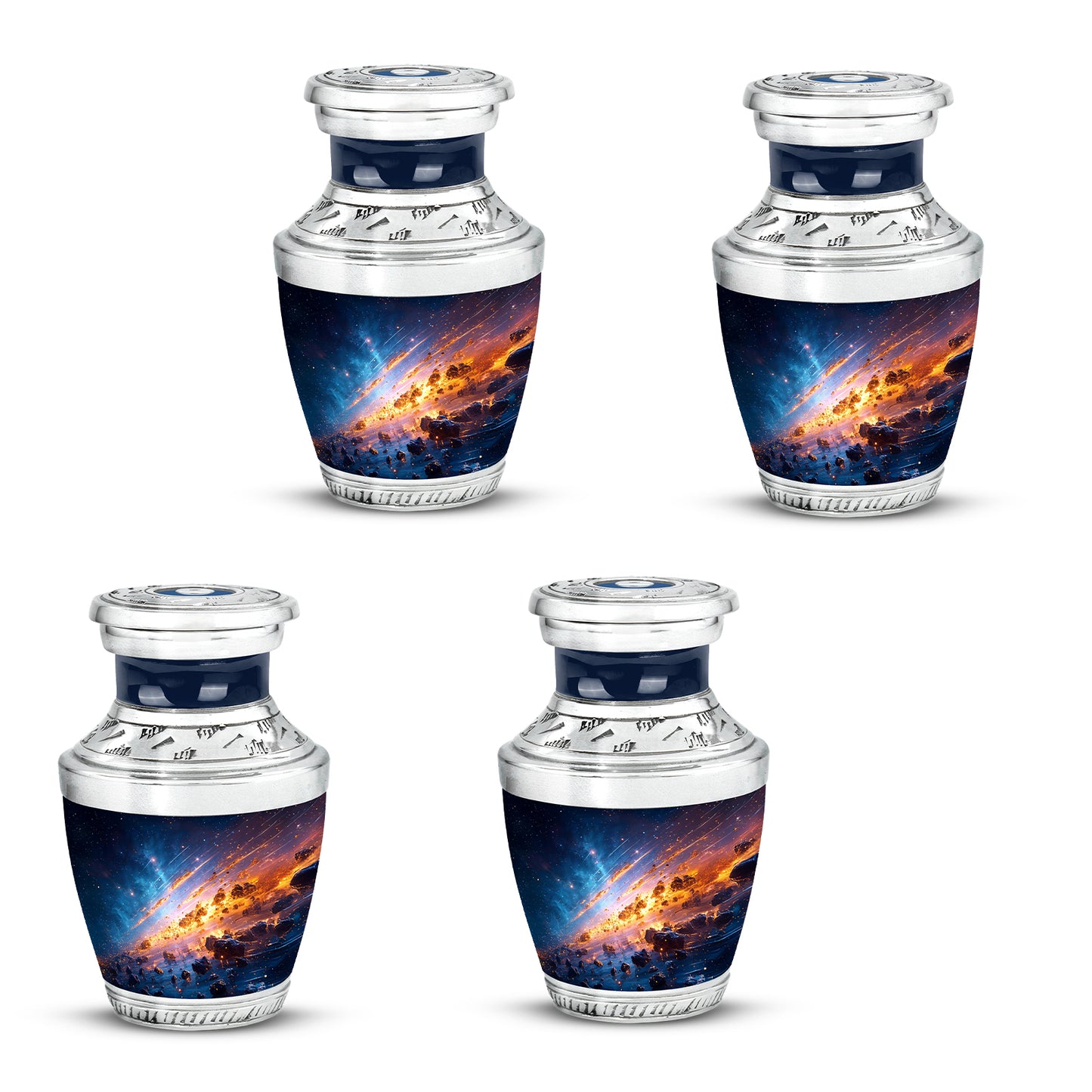 Soft Blue Galaxy Cremation Urn back view with polished surface - stylized abstract galaxy pattern with bold lines - 10 inch aluminum urn for cremated remains