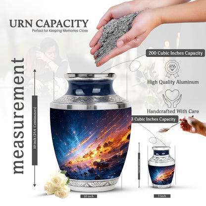 Powder Blue Galaxy Cremation Urn top-down view of secure threaded lid - modern art-inspired galaxy motif on sleek aluminum - mini keepsake memorial for portion of cremation ashes