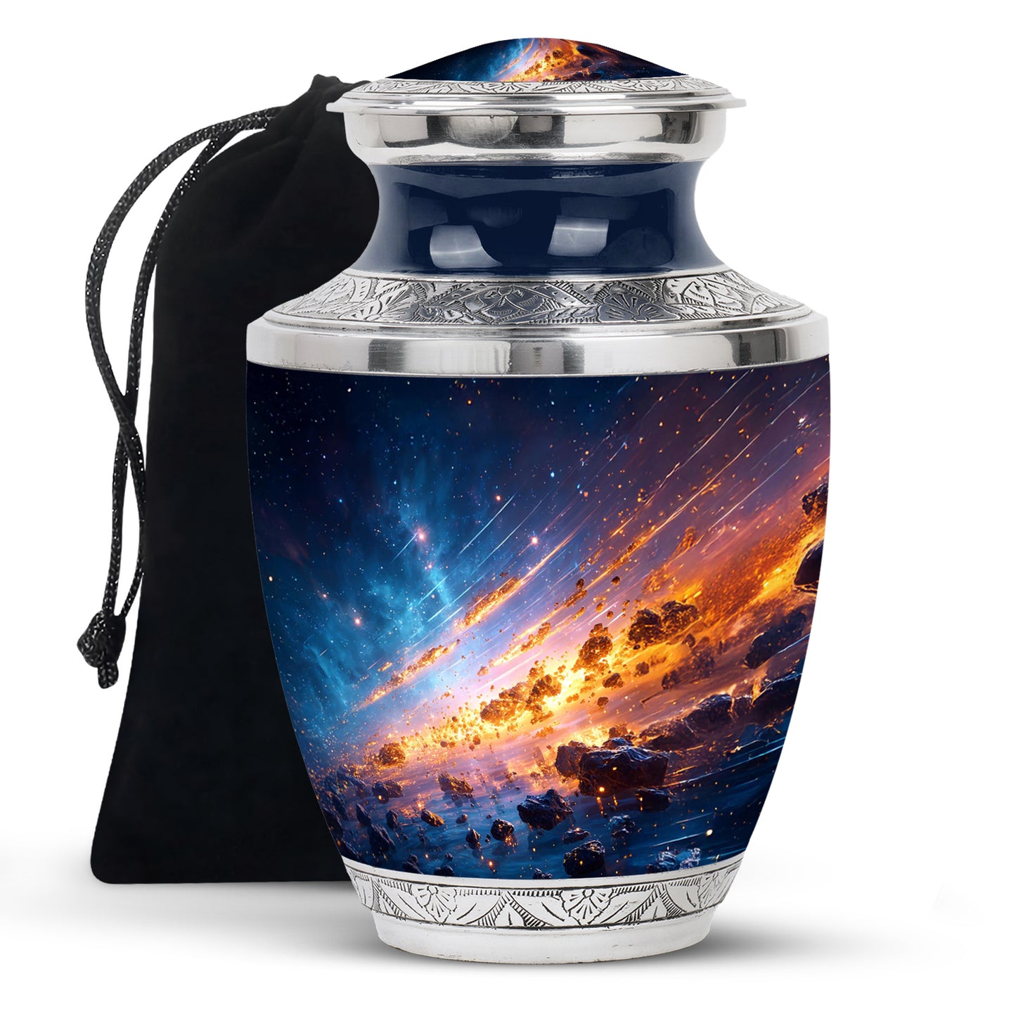 Sky Blue Galaxy Cremation Urn side profile showing urn shape - contemporary galaxy design with modern artistic flair - full-size 10 inch 200 cubic inch adult cremation urn