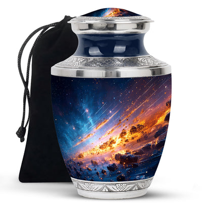 Sky Blue Galaxy Cremation Urn side profile showing urn shape - contemporary galaxy design with modern artistic flair - full-size 10 inch 200 cubic inch adult cremation urn
