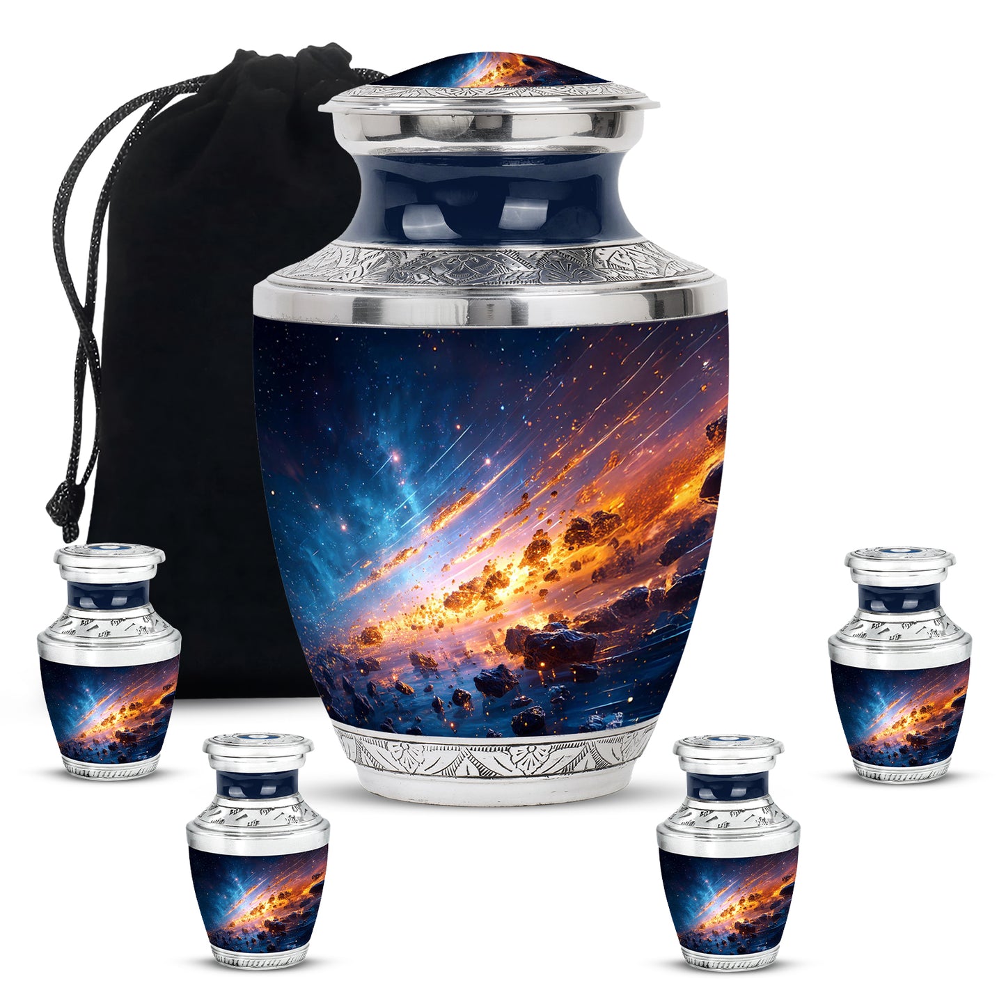 Indigo Galaxy Cremation Urn lifestyle display on memorial shelf - modern art-inspired galaxy motif on sleek aluminum - memorial set with one large and four small urns