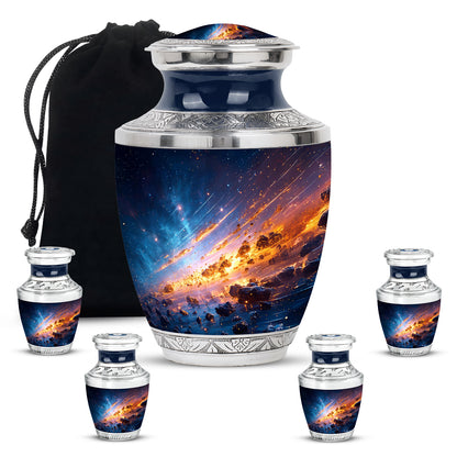Indigo Galaxy Cremation Urn lifestyle display on memorial shelf - modern art-inspired galaxy motif on sleek aluminum - memorial set with one large and four small urns