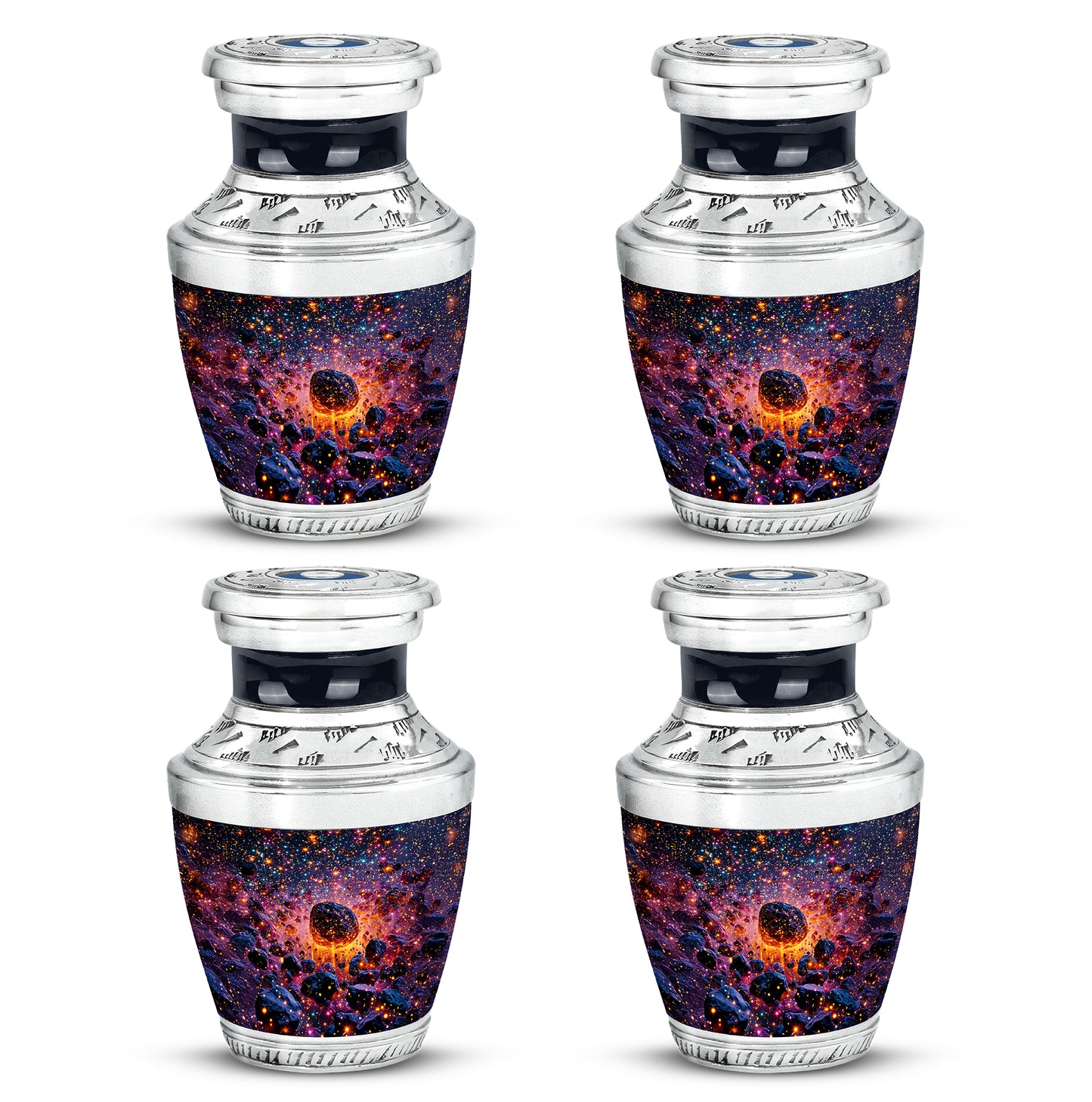 Indigo Galaxy Cremation Urn back view with polished surface - modern art-inspired galaxy motif on sleek aluminum - 10 inch aluminum urn for cremated remains