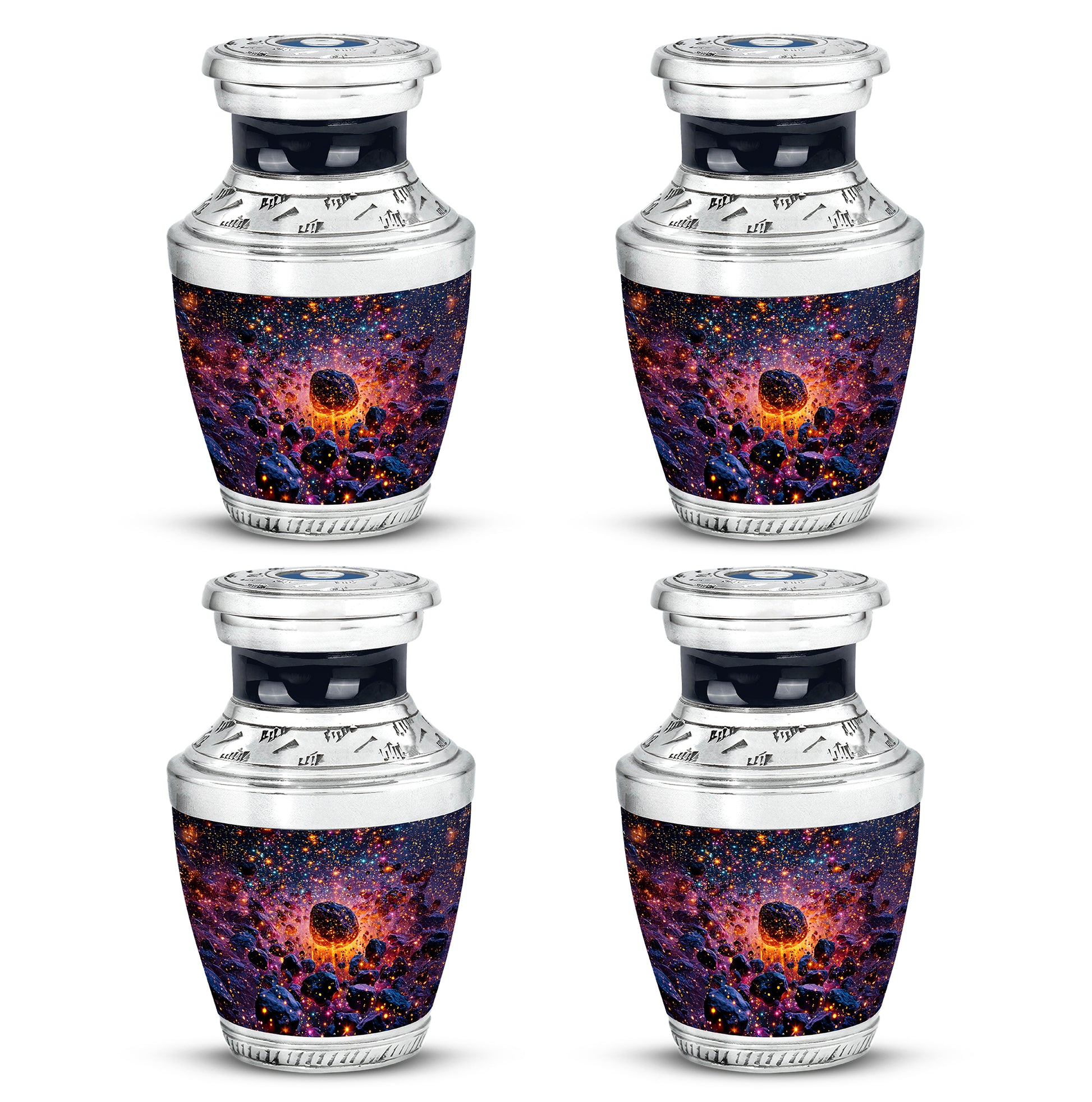 Indigo Galaxy Cremation Urn back view with polished surface - modern art-inspired galaxy motif on sleek aluminum - 10 inch aluminum urn for cremated remains