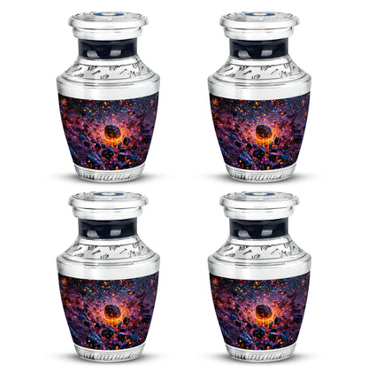 Indigo Galaxy Cremation Urn back view with polished surface - modern art-inspired galaxy motif on sleek aluminum - 10 inch aluminum urn for cremated remains