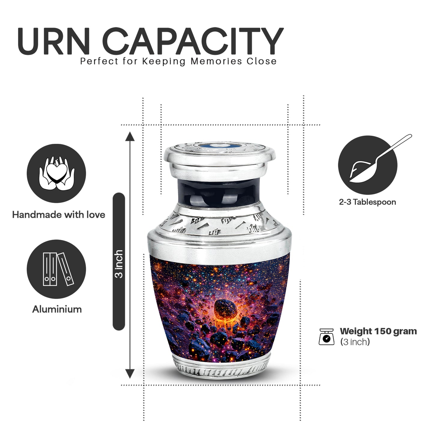 Misty Blue Galaxy Cremation Urn top-down view of secure threaded lid - modern art-inspired galaxy motif on sleek aluminum - mini keepsake memorial for portion of cremation ashes