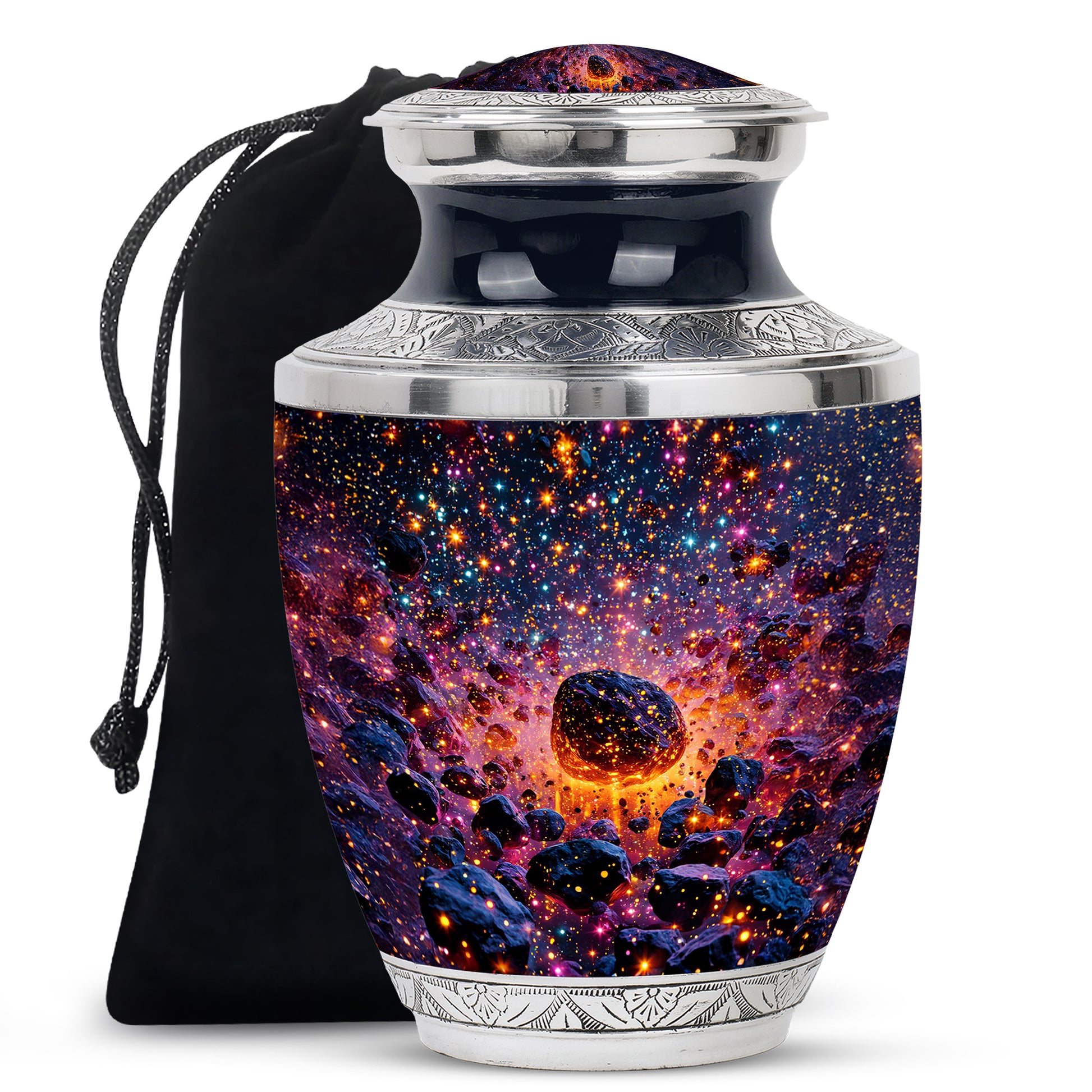 Sapphire Blue Galaxy Cremation Urn side profile showing urn shape - stylized abstract galaxy pattern with bold lines - full-size 10 inch 200 cubic inch adult cremation urn