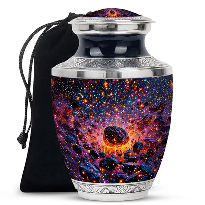 Sapphire Blue Galaxy Cremation Urn side profile showing urn shape - stylized abstract galaxy pattern with bold lines - full-size 10 inch 200 cubic inch adult cremation urn
