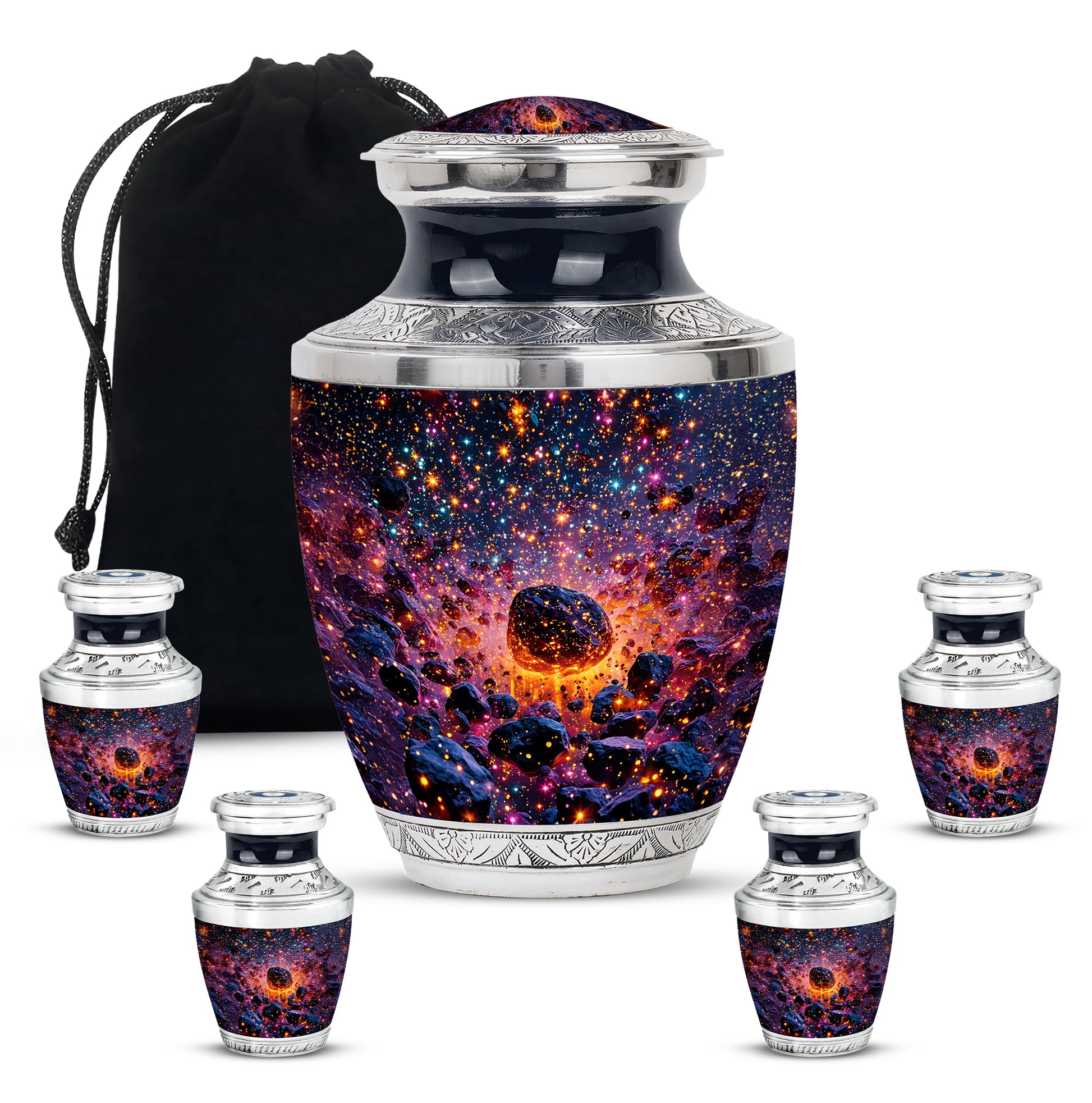 Serene Blue Galaxy Cremation Urn lifestyle display on memorial shelf - artistic galaxy interpretation with creative detail - memorial set with one large and four small urns