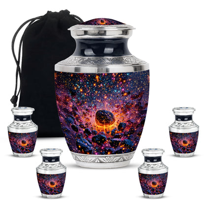 Serene Blue Galaxy Cremation Urn lifestyle display on memorial shelf - artistic galaxy interpretation with creative detail - memorial set with one large and four small urns