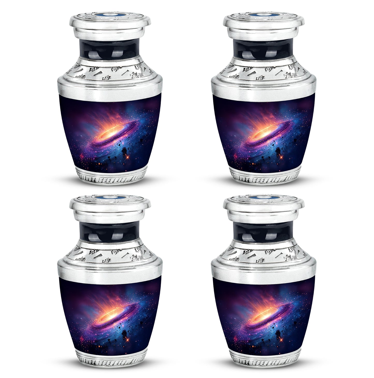 Powder Blue Galaxy Cremation Urn back view with polished surface - modern art-inspired galaxy motif on sleek aluminum - 10 inch aluminum urn for cremated remains