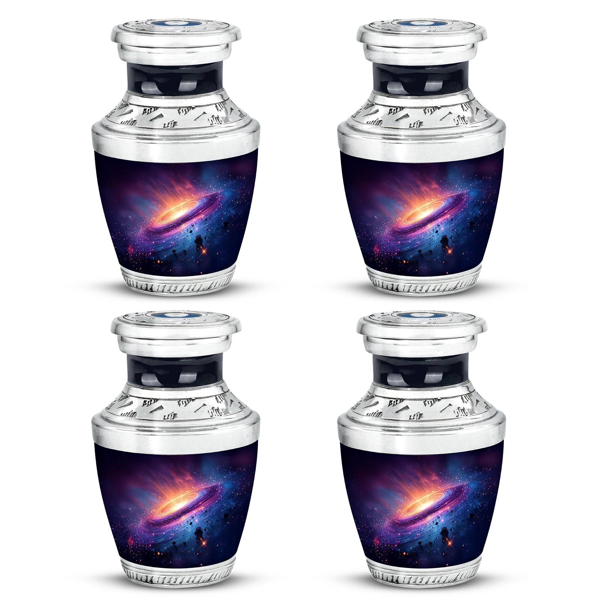 Powder Blue Galaxy Cremation Urn back view with polished surface - modern art-inspired galaxy motif on sleek aluminum - 10 inch aluminum urn for cremated remains
