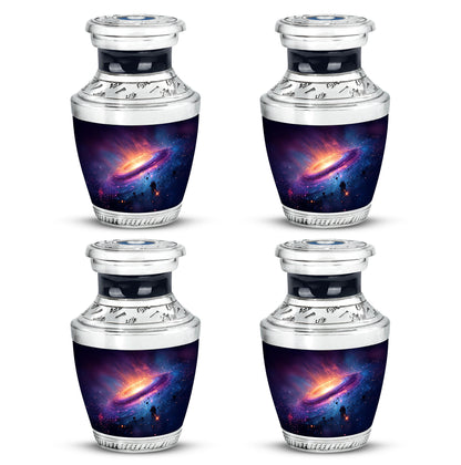 Powder Blue Galaxy Cremation Urn back view with polished surface - modern art-inspired galaxy motif on sleek aluminum - 10 inch aluminum urn for cremated remains
