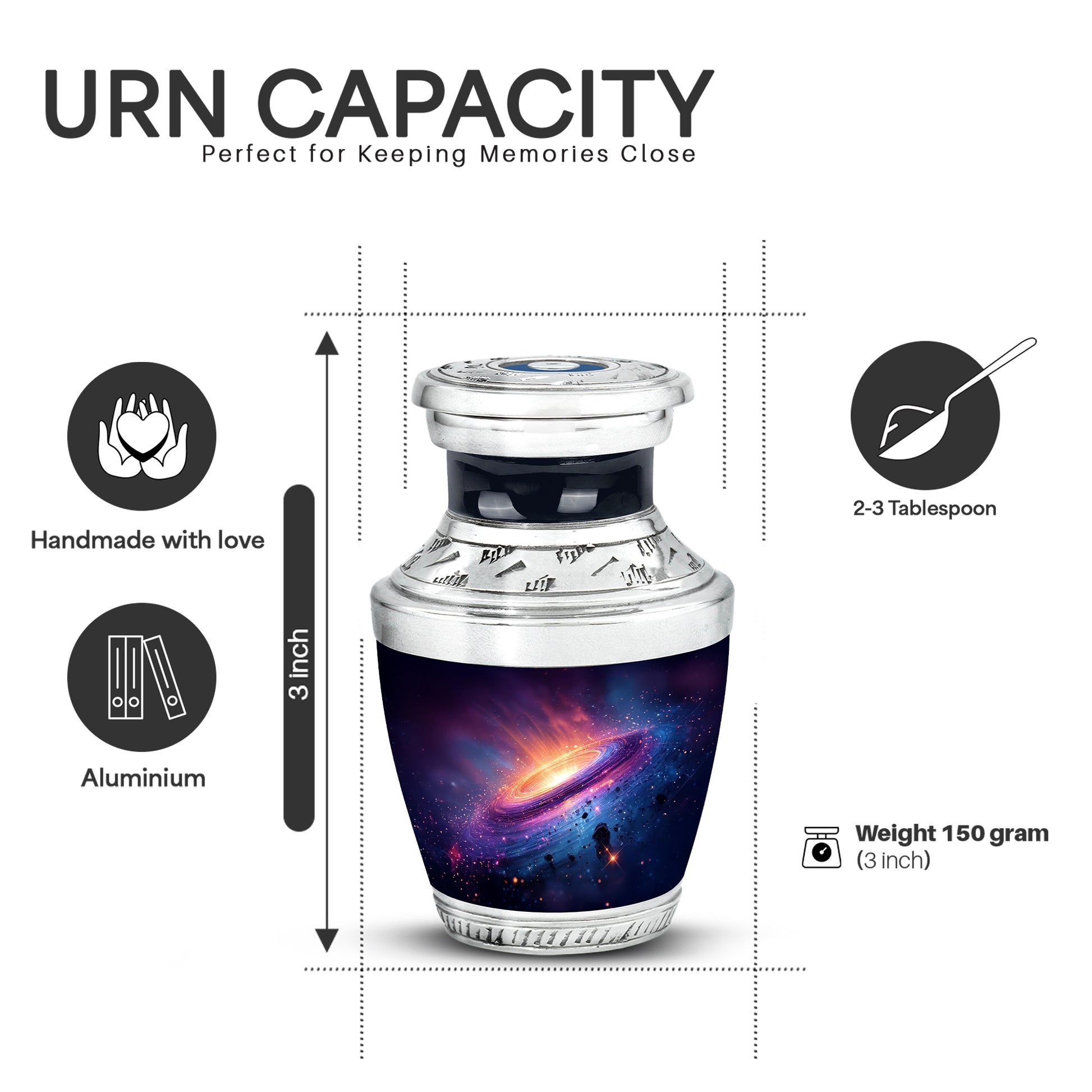 Icy Blue Galaxy Cremation Urn top-down view of secure threaded lid - contemporary galaxy design with modern artistic flair - mini keepsake memorial for portion of cremation ashes