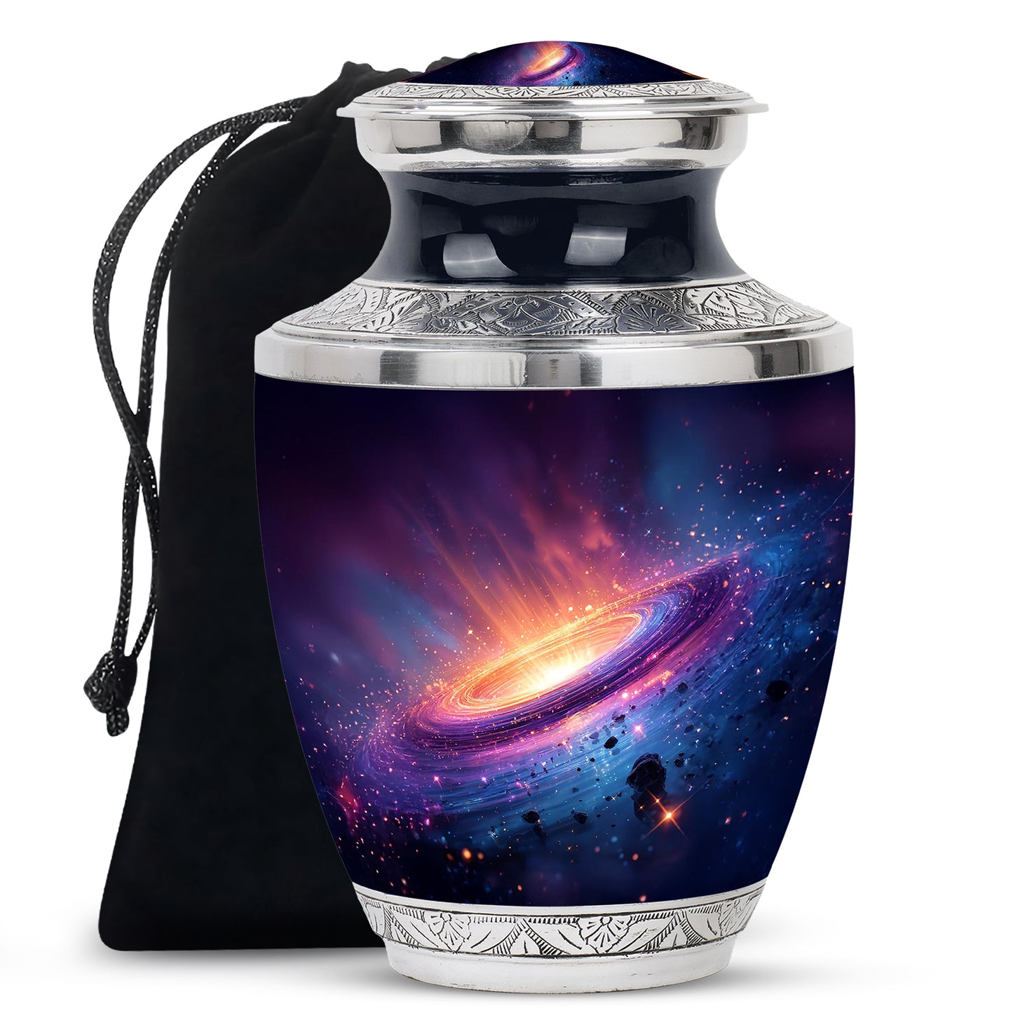 Cornflower Blue Galaxy Cremation Urn side profile showing urn shape - stylized abstract galaxy pattern with bold lines - full-size 10 inch 200 cubic inch adult cremation urn