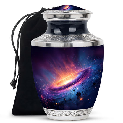 Cornflower Blue Galaxy Cremation Urn side profile showing urn shape - stylized abstract galaxy pattern with bold lines - full-size 10 inch 200 cubic inch adult cremation urn