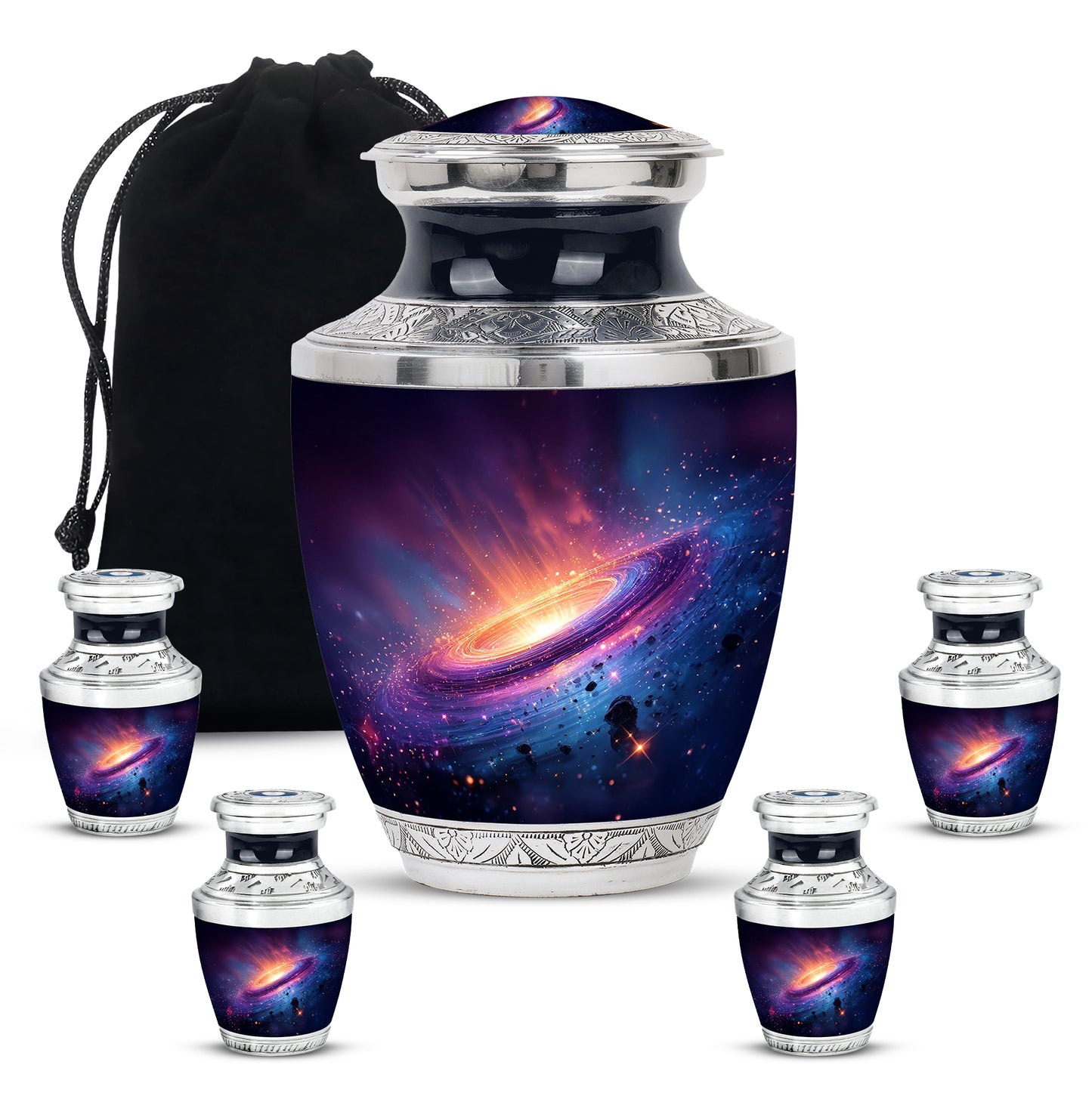 Serene Blue Galaxy Cremation Urn lifestyle display on memorial shelf - stylized abstract galaxy pattern with bold lines - memorial set with one large and four small urns