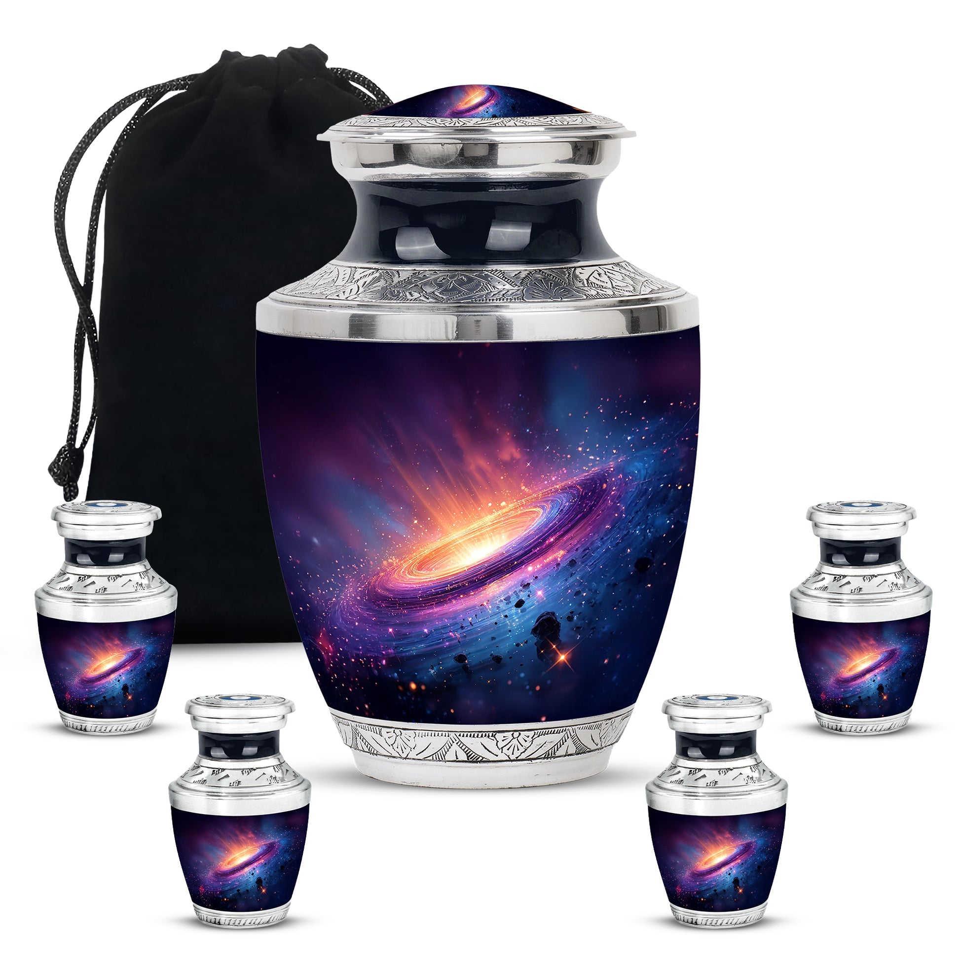 Serene Blue Galaxy Cremation Urn lifestyle display on memorial shelf - stylized abstract galaxy pattern with bold lines - memorial set with one large and four small urns