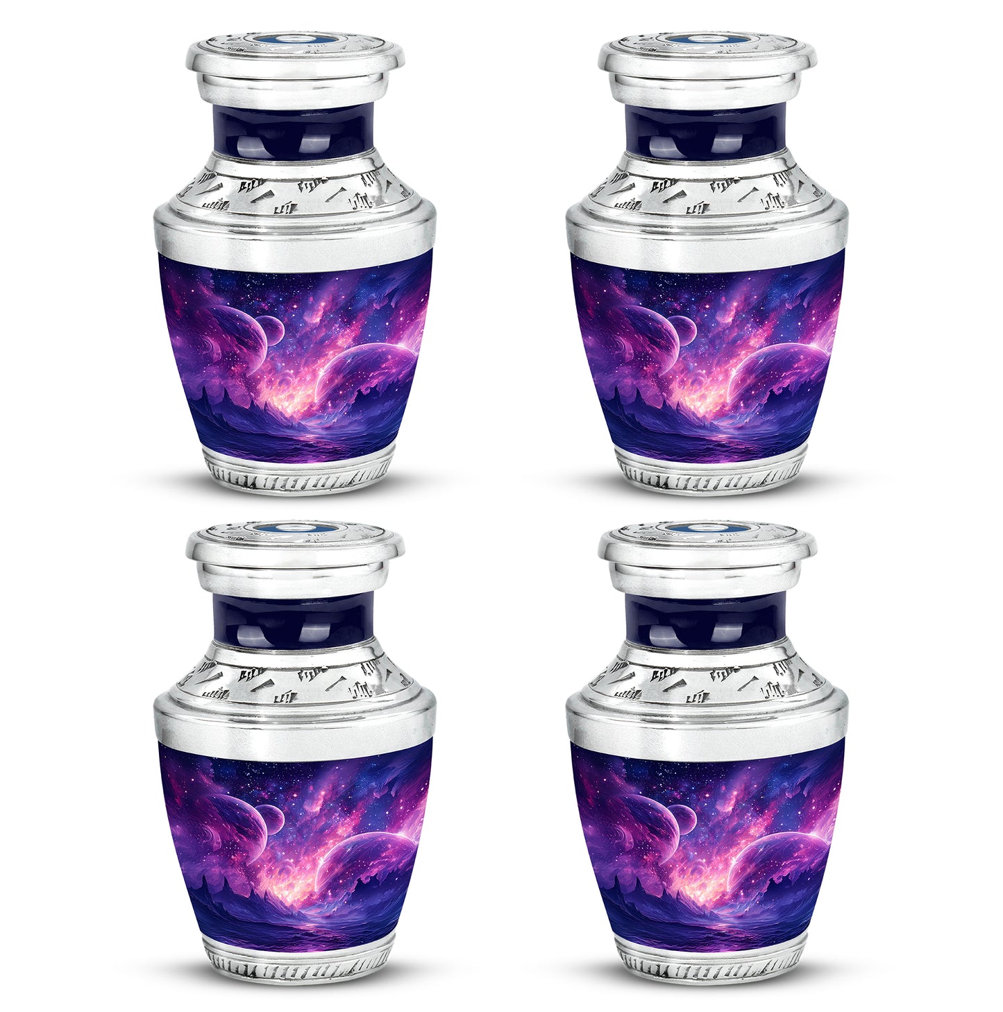 Sky Blue Galaxy Cremation Urn back view with polished surface - contemporary galaxy design with modern artistic flair - 10 inch aluminum urn for cremated remains