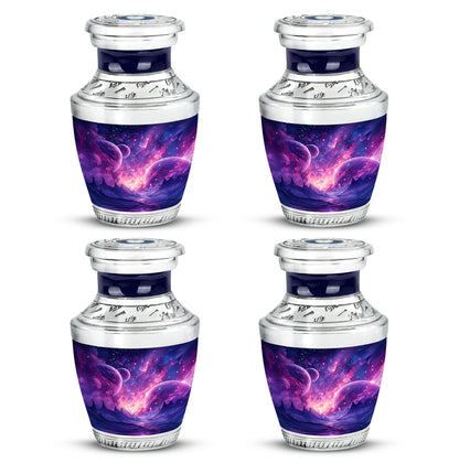 Sky Blue Galaxy Cremation Urn back view with polished surface - contemporary galaxy design with modern artistic flair - 10 inch aluminum urn for cremated remains