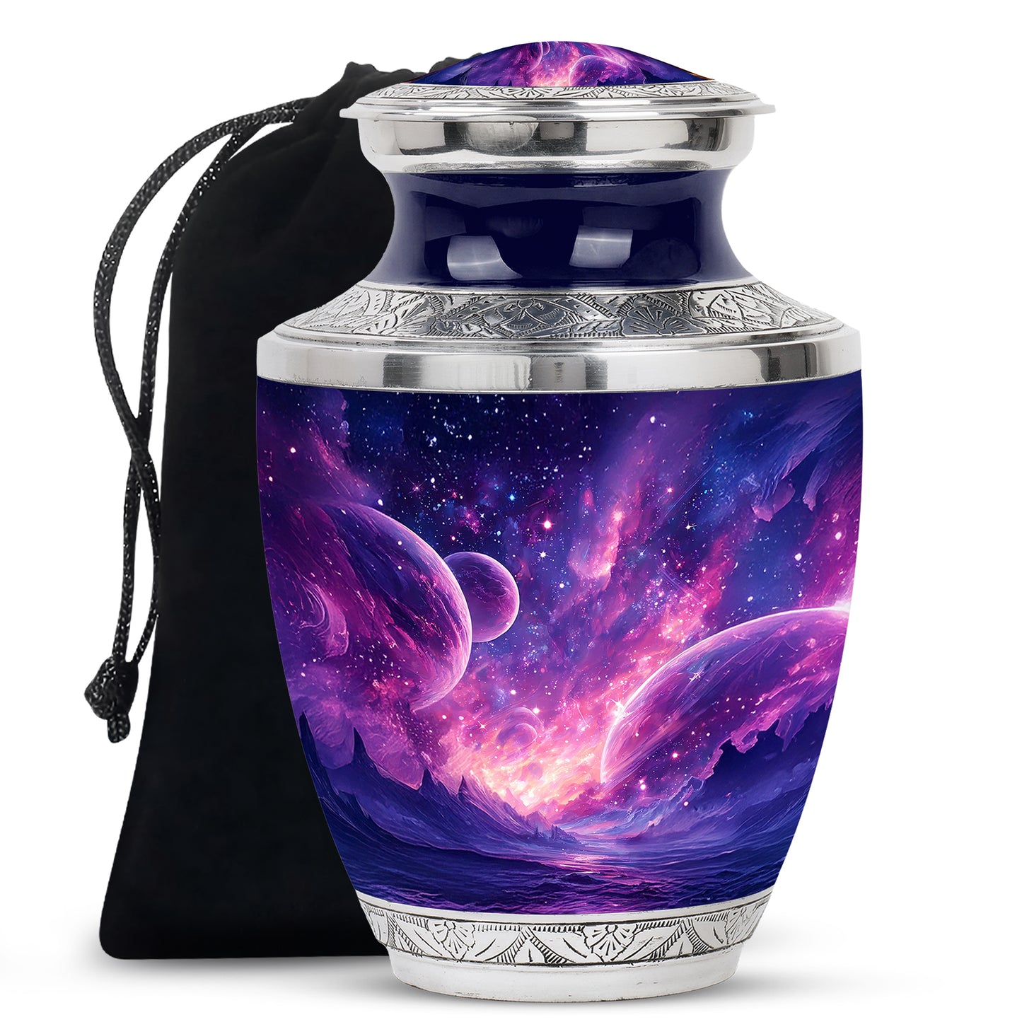 Sapphire Blue Galaxy Cremation Urn side profile showing urn shape - stylized abstract galaxy pattern with bold lines - full-size 10 inch 200 cubic inch adult cremation urn
